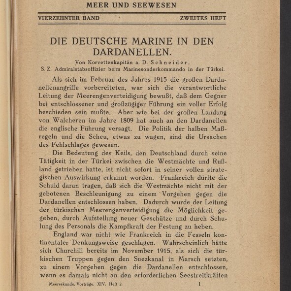 Titelseite eines deutschsprachigen Vortragshefts zur Meereskunde mit dem Titel „Die deutsche Marine in den Dardanellen“, gedrucktem Fließtext, handschriftlichen Anmerkungen oben und einem Stempel des Internationalen Maritimen Museums Hamburg unten links.