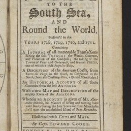 Titelblatt eines alten Reisebuchs in rechteckigem Rahmen mit großer Überschrift „A VOYAGE TO THE South Sea, AND Round the World“, dekorativer Schrift für „South Sea“, Angaben zu den Jahren 1708–1711, dem Verfasser „By Capt. Edward Cooke“, einem Londoner Druckvermerk unten und einem Stempel/Logo des Internationalen Maritimen Museums Hamburg unten links.
