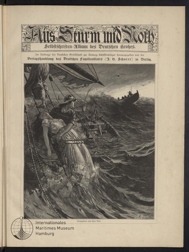 Titelseite einer historischen deutschen Zeitschrift mit ornamentaler Überschrift, darunter eine schwarz-weiße Zeichnung einer Seenot: ein Matrose hält eine bewusstlose Frau in weißem Kleid am Mast eines schlingernden Segelschiffs, im Hintergrund kentertes Wrack, ein Rettungsboot mit Männern auf hohen Wellen und kreisende Möwen.