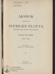 Titelblatt einer schwedischen Jahresbuchausgabe mit der Überschrift „Årsbok“, dem Namen „Sveriges Flotta“, Jahrgang 1910–1911, Herausgeber Kapten C. Hafström, Verlagsangabe Stockholm, handschriftlichen Notizen oben links und dem Stempel/Logo des Internationalen Maritimen Museums Hamburg unten links.