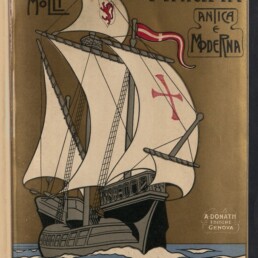 Illustration eines historischen Segelschiffs mit großen weißen Segeln (auf einem Segel rotes Kreuz, auf einem anderen ein Löwenwappen), roter-weißer Flagge und dunklem Rumpf, fahrend über stilisierten blauen Wellen vor goldenem Hintergrund; oben der Titel La Marina — Antica e Moderna, links der Autorenname und unten rechts die Verlagsangabe.