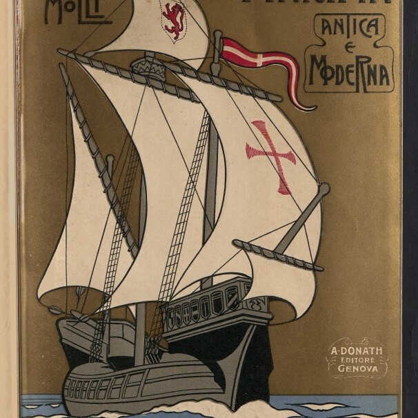 Illustration eines historischen Segelschiffs mit großen weißen Segeln (auf einem Segel rotes Kreuz, auf einem anderen ein Löwenwappen), roter-weißer Flagge und dunklem Rumpf, fahrend über stilisierten blauen Wellen vor goldenem Hintergrund; oben der Titel La Marina — Antica e Moderna, links der Autorenname und unten rechts die Verlagsangabe.