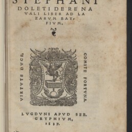 Titelblatt eines gealterten Buchs mit braunen Stockflecken, oben große lateinische Überschrift 'STEPHANI…', in der Mitte ein kunstvoller Wappenschmuck/Prägedruck mit der Devise 'VIRTUTE DUCE, COMITE FORTVNA' am Rand und darunter die Druckerzeile 'LUGDUNI APVD SEB. GRYPHIVM, 1537.', unten links ein Stempel des Internationalen Maritimen Museums Hamburg.