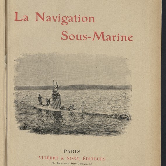 Titelblatt von G.-L. Pesce: großer Schriftzug „La Navigation Sous-Marine“ über einer Zeichnung eines frühen U‑Boots mit mehreren Seeleuten auf Deck, das auf dem Wasser vor einer Küstenlinie treibt; darunter Verlagsangaben (Paris, Vuibert & Nony, 1906) und Stempel des Internationalen Maritimen Museums Hamburg.