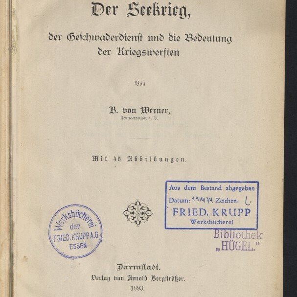 Titelblatt eines deutschen Fachbuchs von 1893: Der Seekrieg, der Geschwaderdienst und die Bedeutung der Kriegswerten von B. von Werner, mit gedruckten Verlagsangaben und mehreren Bibliotheksstempeln (FRIED. KRUPP, ‚Hügel‘) sowie einem Internationales Maritimes Museum Hamburg-Logo.