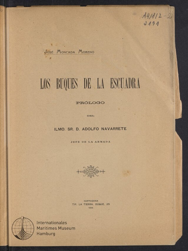 Titelseite eines alten Buches mit dem spanischen Titel Los buques de la escuadra von José Moncada Moreno, dem Vermerk 