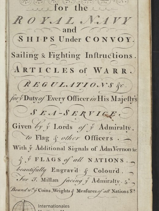 Altes, dekorativ gestaltetes Titelblatt eines maritimen Handbuchs mit kalligrafischen Schriftzügen ‚Signals for the Royal Navy and Ships Under Convoy‘, weiteren Zeilen zu Segel‑ und Kampfanweisungen, Vorschriften und Flaggen sowie dem Logo des Internationalen Maritimen Museums Hamburg unten links.