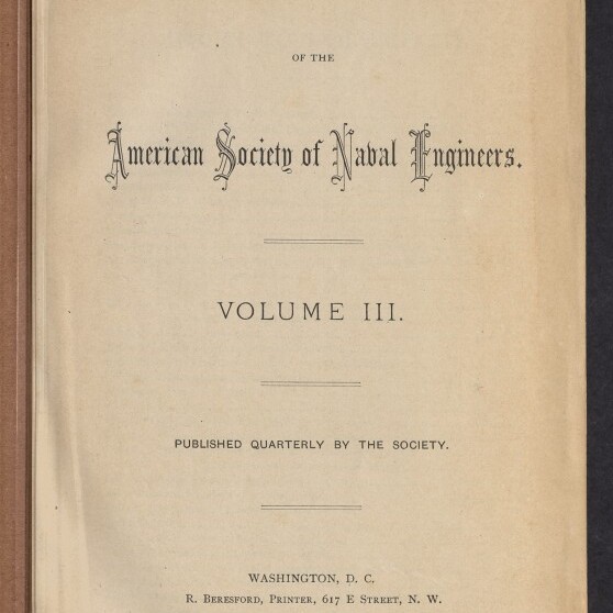 Vergilbte Titelseite eines Journals mit der Überschrift „Journal of the American Society of Naval Engineers. Volume III.“, Druckangabe „Washington, D.C., 1891“, handschriftlichen Notizen oben, blauem Rundstempel „BLOHM & VOSS HAMBURG 29 JAN. 1903“ und Museumslogo unten links.