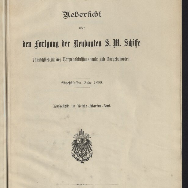 Titelseite einer deutschen Dienstschrift, datiert Berlin 1900, mit dem Aufdruck „Vertraulich“, dem Titel „Uebericht über den Fortgang der Neubauten S. M. Schiffe“, einer roten Nummernmarke „No. 263“, dem kaiserlichen Reichsadler als Wappen und dem Stempel des Internationalen Maritimen Museums Hamburg.