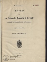 Titelblatt einer deutschen Marinepublikation in Frakturschrift mit dem Stempel 'Vertraulich' und der Nummer 263, dem Titel 'Uebersicht über den Fortgang der Neubauten S. M. Schiffe', dem Hinweis 'Abgeschlossen Ende 1900', einem Reichsadler-Wappen in der Mitte und dem Stempel des Internationalen Maritimen Museums Hamburg unten links.