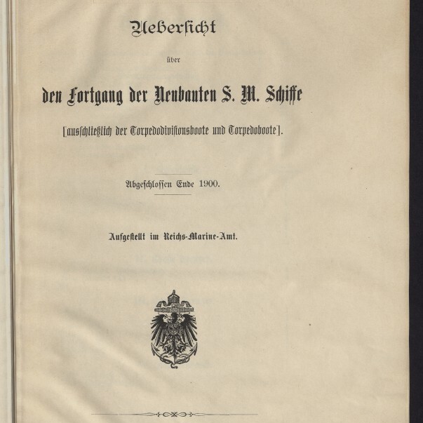 Titelblatt einer deutschen Marinepublikation in Frakturschrift mit dem Stempel 'Vertraulich' und der Nummer 263, dem Titel 'Uebersicht über den Fortgang der Neubauten S. M. Schiffe', dem Hinweis 'Abgeschlossen Ende 1900', einem Reichsadler-Wappen in der Mitte und dem Stempel des Internationalen Maritimen Museums Hamburg unten links.