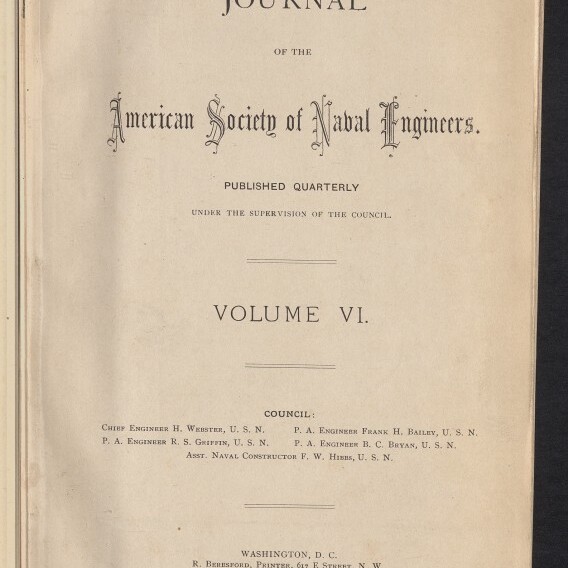 Titelseite der Zeitschrift Journal of the American Society of Naval Engineers, Volume VI, mit dem Hinweis Published Quarterly und Verlagshinweis Washington, D.C., versehen mit einem blauen ovalen Stempel Hamburg 22 Jan 1903 und dem Logo des Internationalen Maritimen Museums Hamburg