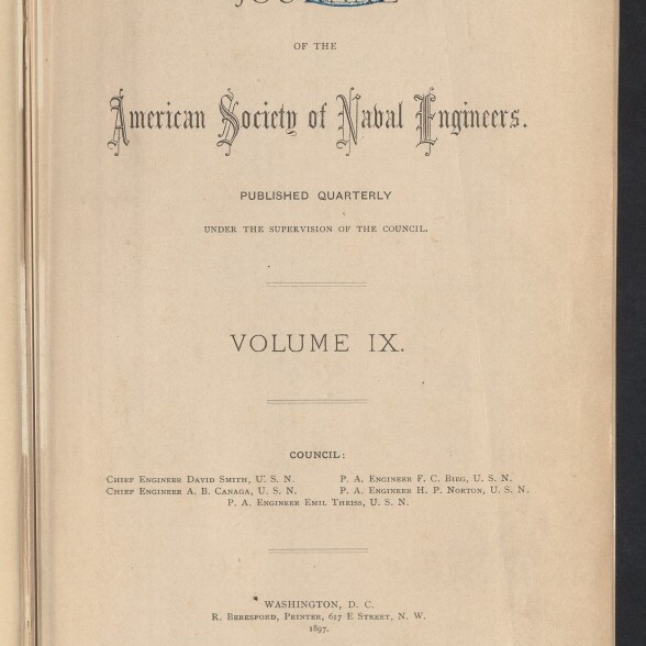 Titelblatt einer alten Ausgabe des Journal of the American Society of Naval Engineers, Volume IX, in dekorativer Schrift auf vergilbtem Papier, mit blauem Stempel Blohm & Voss Hamburg 22 Jan 1903 oben und dem Logo des Internationalen Maritimen Museums Hamburg unten links.
