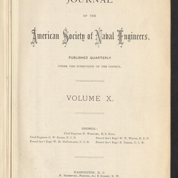 Titelblatt des Journal of the American Society of Naval Engineers, Volume X, mit dekorativer Typografie, blauem Ovalstempel 