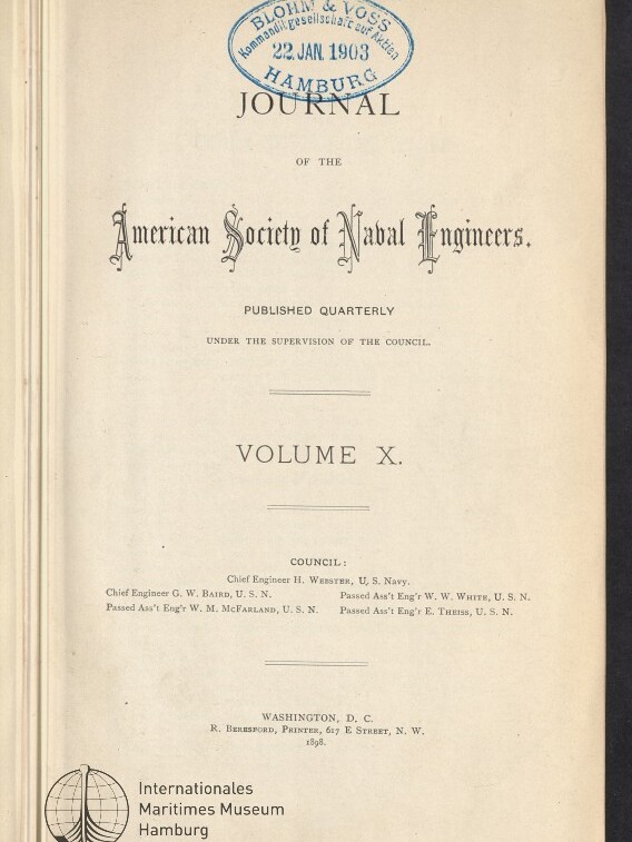Titelblatt des Journal of the American Society of Naval Engineers, Volume X, mit dekorativer Typografie, blauem Ovalstempel 