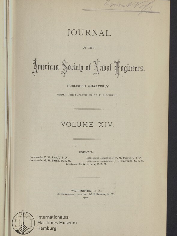 Titelseite des Journal 'Journal of the American Society of Naval Engineers', Volume XIV (1902), mit dekorativem Schriftzug, Publikations- und Herausgeberangaben, einer kurzen Vorstandsauflistung, handschriftlicher Signatur oben rechts und Museumsstempel unten links.