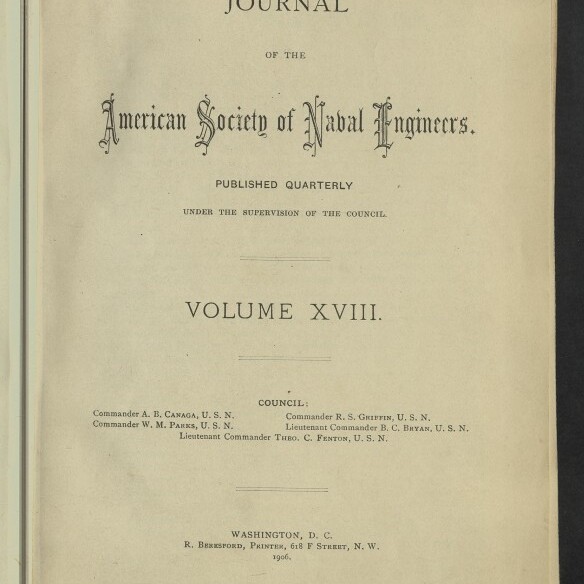 Titelseite eines alten Journals auf vergilbtem Papier mit der Überschrift „Journal of the American Society of Naval Engineers“, dem Vermerk „Published quarterly“, der Angabe „Volume XVIII“ sowie Druckangaben und Jahreszahl 1906; links unten ein Stempel „Internationales Maritimes Museum Hamburg“.