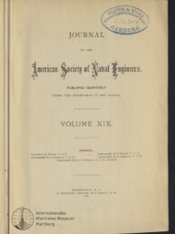 Titelblatt eines historischen Journals „Journal of the American Society of Naval Engineers, Volume XIX“ mit verschnörkelter Schrift, blauem ovalem Stempel „Blohm & Voss Hamburg“ oben rechts und Logostempel des Internationalen Maritimen Museums Hamburg unten links.
