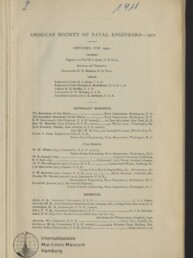 Auf einer vergilbten Buchseite mit der Überschrift „American Society of Naval Engineers — 1911“ sind gedruckte Listen von Offizieren, Ehrenmitgliedern und Mitgliedern aufgeführt; oben handschriftliche Notizen in blauer Tinte („2“ und „1911“) und unten links ein Stempel/Logo des Internationalen Maritimen Museums Hamburg.