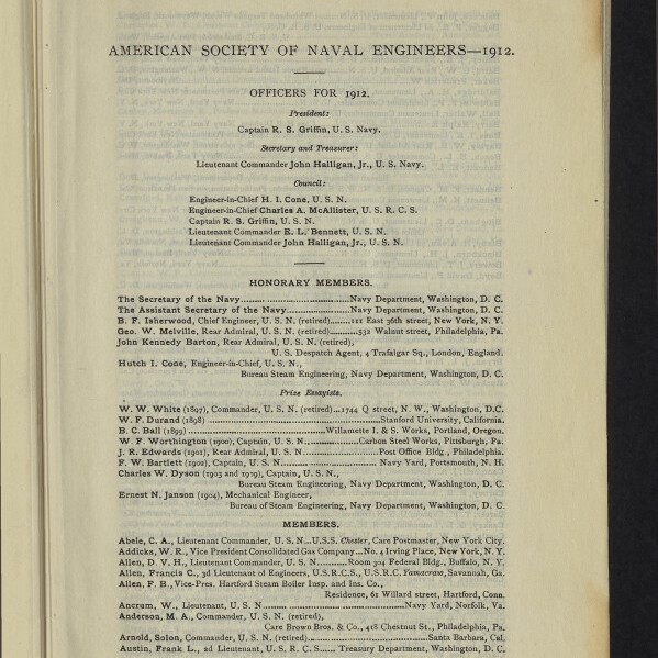 Vergilbte Buchseite mit dem gedruckten Titel „American Society of Naval Engineers — 1912“, darunter Listen von ‚Officers for 1912‘, Ehrenmitgliedern und Mitgliedern in engbedruckter Typografie, handschriftliche Notizen oben (‚2‘ links, ‚1912‘ rechts) und dem Logo des Internationalen Maritimen Museums Hamburg unten links.