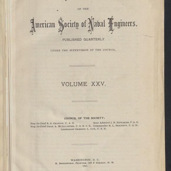 Titelseite eines historischen Journals mit der Überschrift Journal of the American Society of Naval Engineers, Volume XXV, gedruckt in Washington D.C. 1913, mit rundem Stempel Blohm & Voss Hamburg (24. Apr. 1914) sowie dem Logo des Internationalen Maritimen Museums Hamburg.