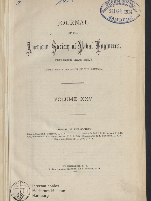 Titelseite eines historischen Journals mit der Überschrift Journal of the American Society of Naval Engineers, Volume XXV, gedruckt in Washington D.C. 1913, mit rundem Stempel Blohm & Voss Hamburg (24. Apr. 1914) sowie dem Logo des Internationalen Maritimen Museums Hamburg.