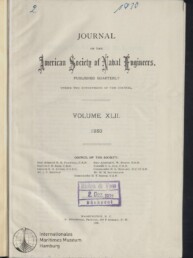 Titelseite des Journal of the American Society of Naval Engineers, Volume XLII (1930) mit dekorativem Schriftzug, Auflistung des Council of the Society, blau-violettem Bibliotheksstempel „Blohm & Voss 2 Dez 1931“, handschriftlichen Notizen oben und dem Logo des Internationalen Maritimen Museums Hamburg unten links.