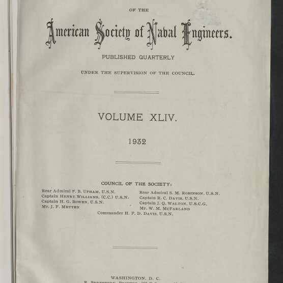 Titelseite des Journal of the American Society of Naval Engineers, Band XLIV (1932), mit gedruckten Herausgeber- und Druckerangaben, einem violetten Stempel „BLOHM & VOSS HAMBURG“ oben rechts und dem Logo/Schriftzug des Internationalen Maritimen Museums Hamburg unten links.