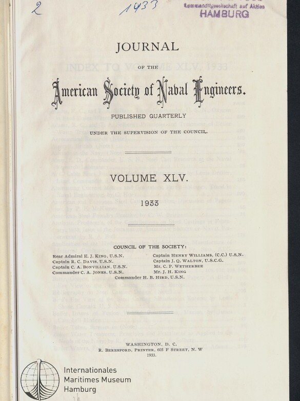 Titelblatt des Journal of the American Society of Naval Engineers (Volume XLV, 1933) mit ornamentaler Titeltypografie, gestempeltem „BLOHM & VOSS HAMBURG“ oben rechts und Logo des Internationalen Maritimen Museums Hamburg unten links.