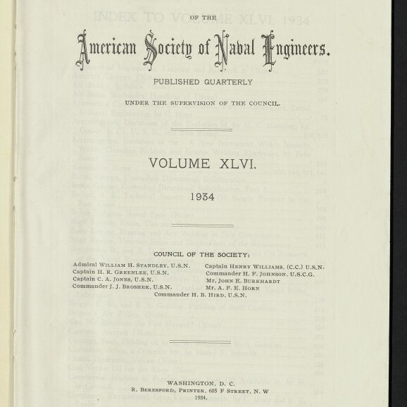 Titelseite des Journals der American Society of Naval Engineers, Volume XLVI (1934), mit gedrucktem Titel und Council-Auflistung, lila Stempel »BLOHM & VOSS HAMBURG« oben rechts, handschriftlichen Notizen oben und dem Logo des Internationalen Maritimen Museums Hamburg unten links.