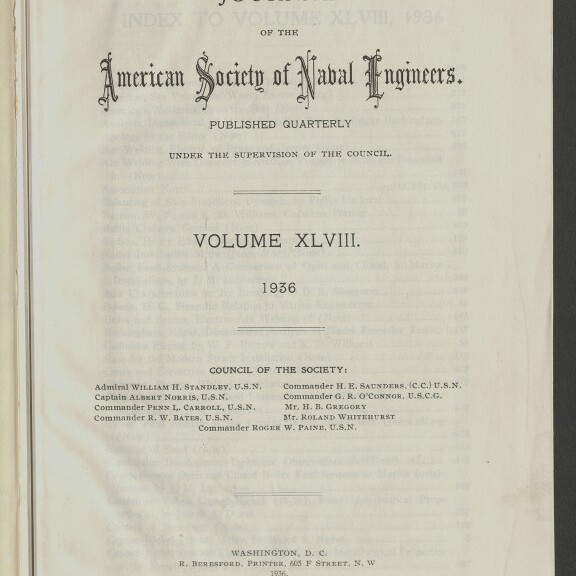 Titelseite des Journals der American Society of Naval Engineers (Volume XLVIII, 1936) mit dekorativem Schriftzug, Jahresangabe 1936, kleingedruckten Hinweisen und Liste der Ratsmitglieder, Stempel ‚BLOHM & VOSS HAMBURG‘ oben rechts und Logo des Internationalen Maritimen Museums Hamburg unten links.