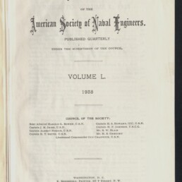 Titelblatt eines Journals: 'Journal of the American Society of Naval Engineers' in verzierter Schrift, darunter 'Volume L. 1938', mit violettem Stempel 'BLOHM & VOSS HAMBURG' oben rechts und Logo sowie Schriftzug 'Internationales Maritimes Museum Hamburg' unten links.
