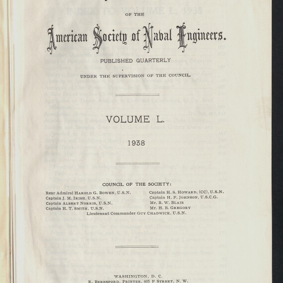 Titelblatt eines Journals: 'Journal of the American Society of Naval Engineers' in verzierter Schrift, darunter 'Volume L. 1938', mit violettem Stempel 'BLOHM & VOSS HAMBURG' oben rechts und Logo sowie Schriftzug 'Internationales Maritimes Museum Hamburg' unten links.