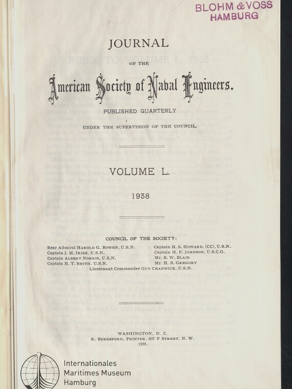 Titelblatt eines Journals: 'Journal of the American Society of Naval Engineers' in verzierter Schrift, darunter 'Volume L. 1938', mit violettem Stempel 'BLOHM & VOSS HAMBURG' oben rechts und Logo sowie Schriftzug 'Internationales Maritimes Museum Hamburg' unten links.