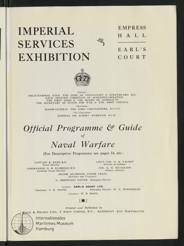 Titelseite eines Programmhefts der Imperial Services Exhibition in Empress Hall, Earl's Court, mit großem Titel oben, einer königlichen Krone als Emblem in der Mitte, dem Schriftzug 