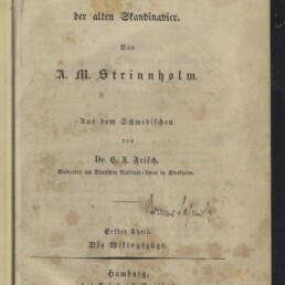 Titelblatt eines stark gebräunten, gefleckten Buches in Frakturschrift: „Wikingzüge, Staatsverfassung und Sitten der alten Skandinavier“ von A. M. Strinnholm, aus dem Schwedischen von Dr. G. F. Frisch, Hamburg bei Friedrich Perthes 1839, mit handschriftlicher Signatur und Stempel des Internationalen Maritimen Museums Hamburg.