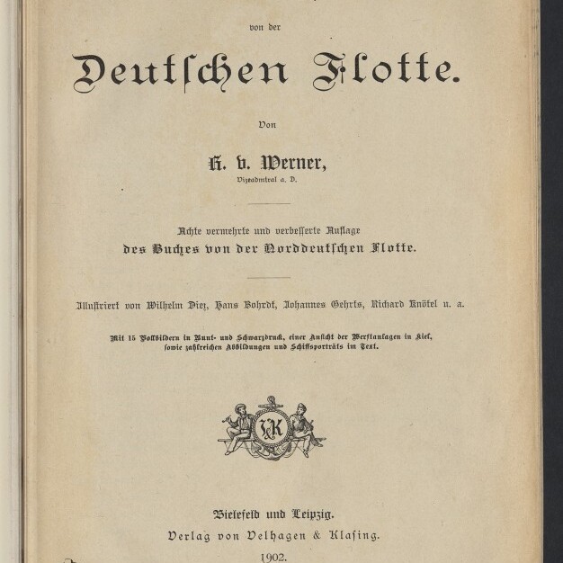 Titelblatt eines historischen Buches in Frakturschrift mit der Überschrift Das Buch von der Deutschen Flotte, Autorangabe K. v. Werner, Verlagsangabe Velhagen & Klasing, Bielefeld und Leipzig, 1902, dazu ein kleines Wappenmotiv und ein Stempel des Internationalen Maritimen Museums Hamburg