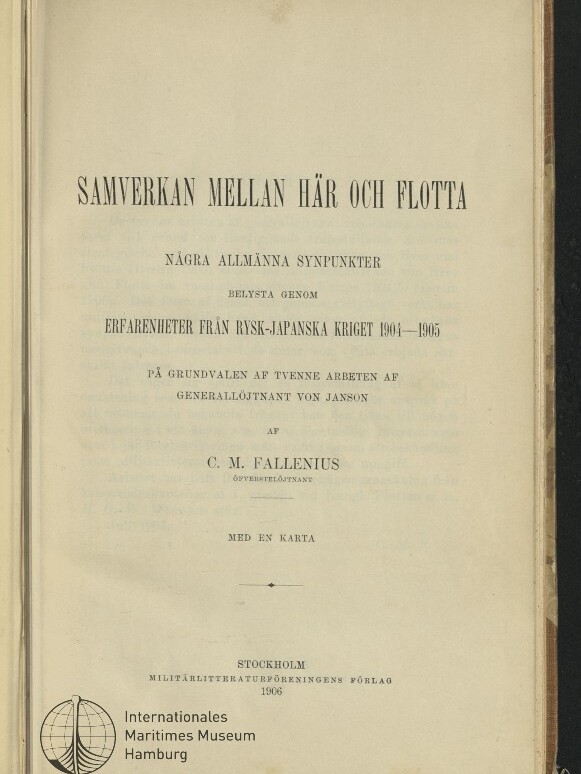 Titelblatt einer alten schwedischen Militärpublikation mit großem Titel 