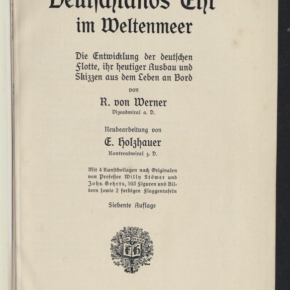 Titelblatt eines deutschen Buchs mit großer gotischer Überschrift und Untertitel über die Entwicklung der deutschen Flotte, Autor‑ und Herausgeberangaben, Verlagsangaben mit Jahresangabe 1913 sowie einer gestempelten Bibliotheksmarke am unteren Rand.