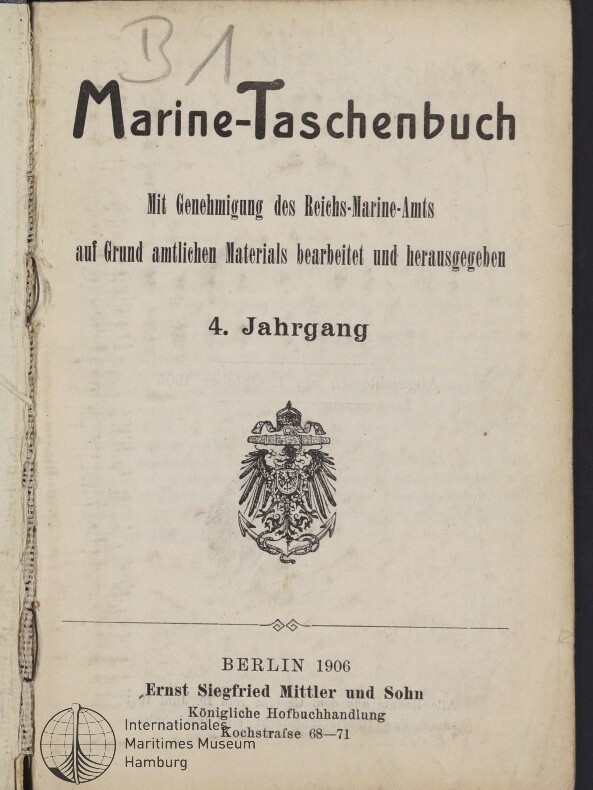 Titelseite eines alten Buches mit dem Titel Marine-Taschenbuch, handschriftlicher Vermerk 