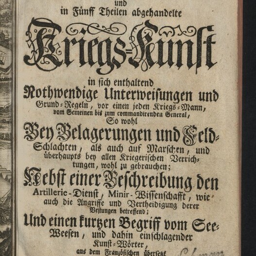 Titelblatt eines historischen deutschen Militärbuchs (1745) mit großer dekorativer Frakturschrift 