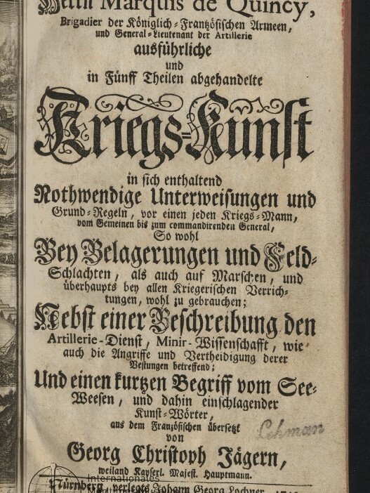 Titelblatt eines historischen deutschen Militärbuchs (1745) mit großer dekorativer Frakturschrift 
