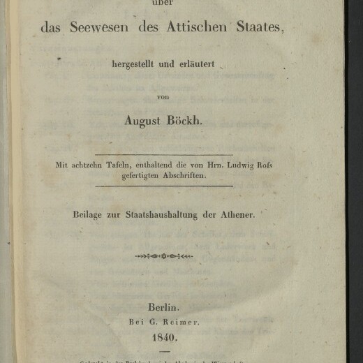 Titelblatt eines Buches mit der Überschrift 'Urkunden über das Seewesen des Attischen Staates', hergestellt und erläutert von August Böckh, mit Verlagsangabe 'Berlin, Bei G. Reimer, 1840' und Stempel des Internationalen Maritimen Museums Hamburg.