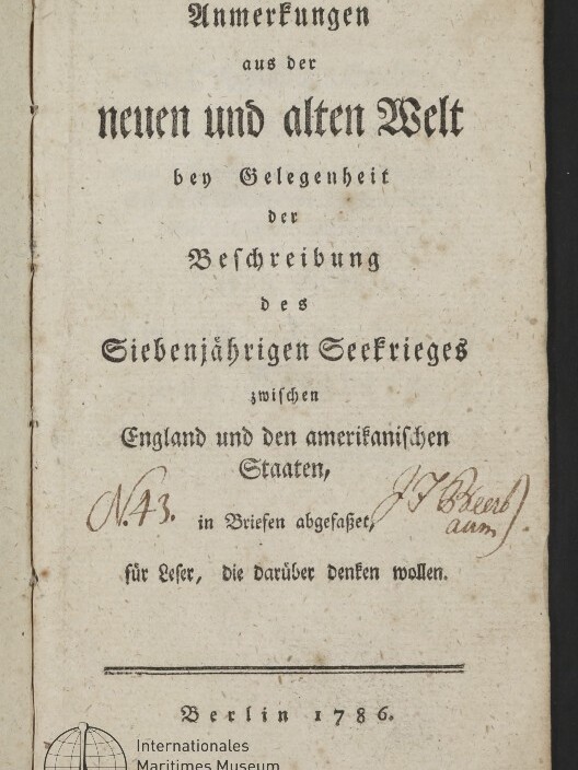 Titelblatt, Berlin 1786: deutsche Frakturschrift zur Beschreibung des Seekriegs zwischen England und Amerika.
