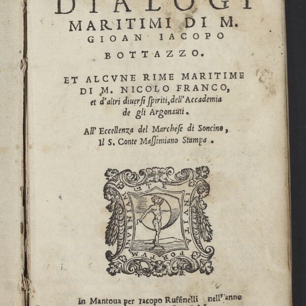 Titelblatt des Buches Dialogi Maritimi von Bottazzo mit großem Titel, Holzschnitt-Vignette und handschriftlicher Notiz.