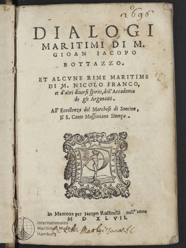 Titelblatt des Buches Dialogi Maritimi von Bottazzo mit großem Titel, Holzschnitt-Vignette und handschriftlicher Notiz.