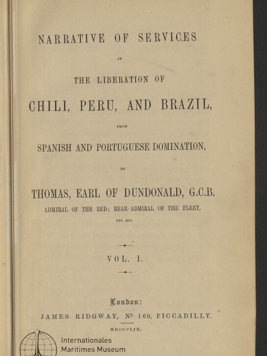 Titelblatt eines Buches: Narrative of Services von Thomas, Earl of Dundonald, über die Befreiung von Chili, Peru und Brasilien.
