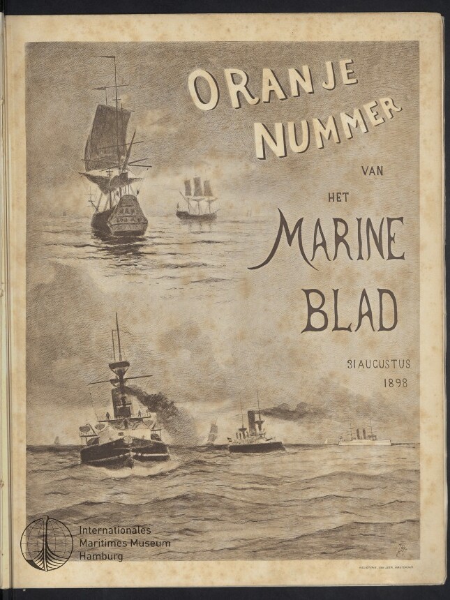Titelblatt 1898: Segelschiffe oben, Dampfschiffe unten auf bewegter See, Schriftzug Oranje Nummer und Marine Blad