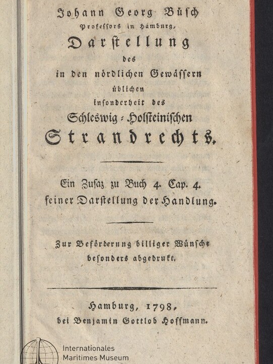 Titelblatt eines historischen Buchs von Johann Georg Büsch (1798) mit schwarzer Frakturschrift und Museumssiegel.