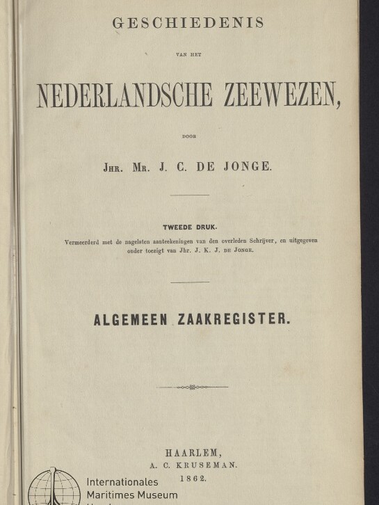 Titelseite des niederländischen Buchs 'Geschiedenis van het Nederlandsche Zeewezen', Haarlem 1862, mit Museumsstempel.